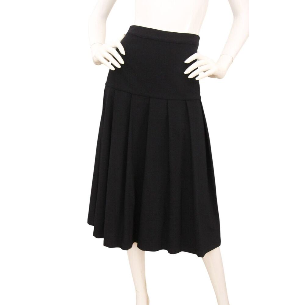 Sara Lanzi Black Wool Pleated Drop Waist Skirt Patch Pocket A-Line Midi XS S